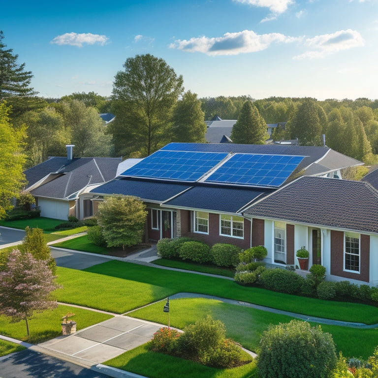 A serene suburban neighborhood with sleek, black solar panels installed on rooftops, amidst lush green trees and a bright blue sky with a few wispy clouds, conveying eco-friendliness and sustainability.