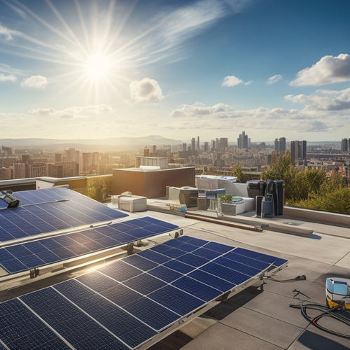 A sunny rooftop with a mix of installed and uninstalled solar panels, surrounded by tools and equipment, with a subtle cityscape background and a few scattered blueprints.