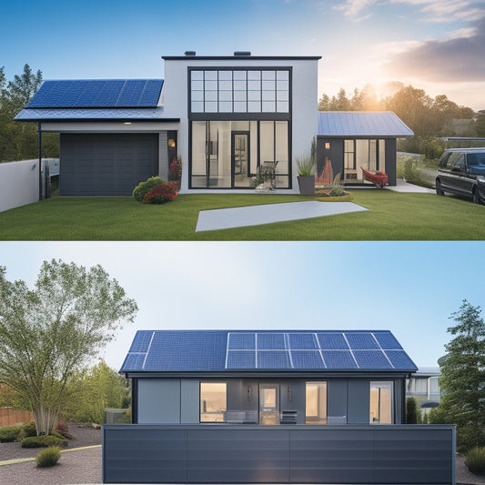 A split-screen image featuring a small, modern home with a rooftop solar panel array on one side, and a commercial building with a large, industrial-scale solar panel installation on the other.
