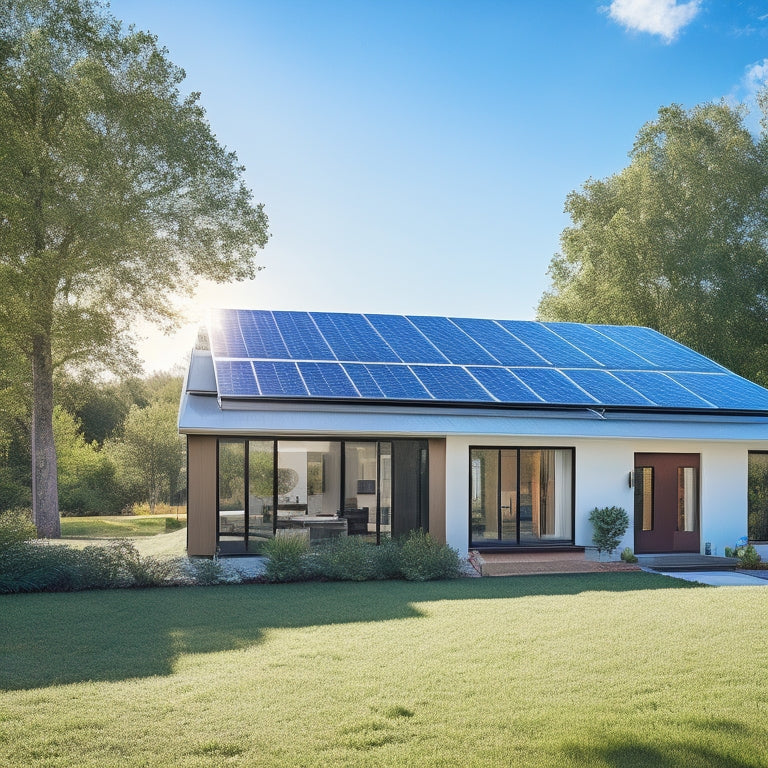 A modern home with solar panels on the roof, a sleek battery storage unit in the yard, bright sunlight casting shadows, surrounded by vibrant greenery, and a clear blue sky symbolizing renewable energy.