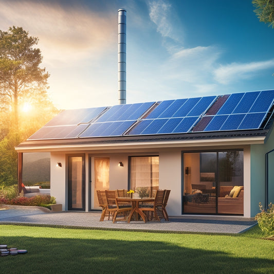 An illustration of a modern home with solar panels on the roof, a decreasing energy bill graph in the window, and a wallet with coins overflowing in the foreground.