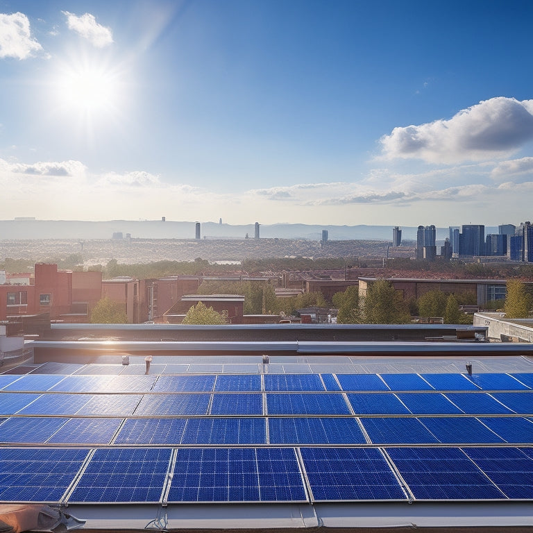 A rooftop with multiple solar panels installed at varying angles, surrounded by roofing tiles and vents, with a few workers in hard hats and harnesses, amidst a cityscape background with fluffy white clouds.