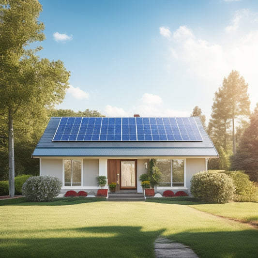 A serene suburban house with solar panels installed on the roof, surrounded by lush green trees, with a subtle gradient of blue sky and fluffy white clouds in the background.