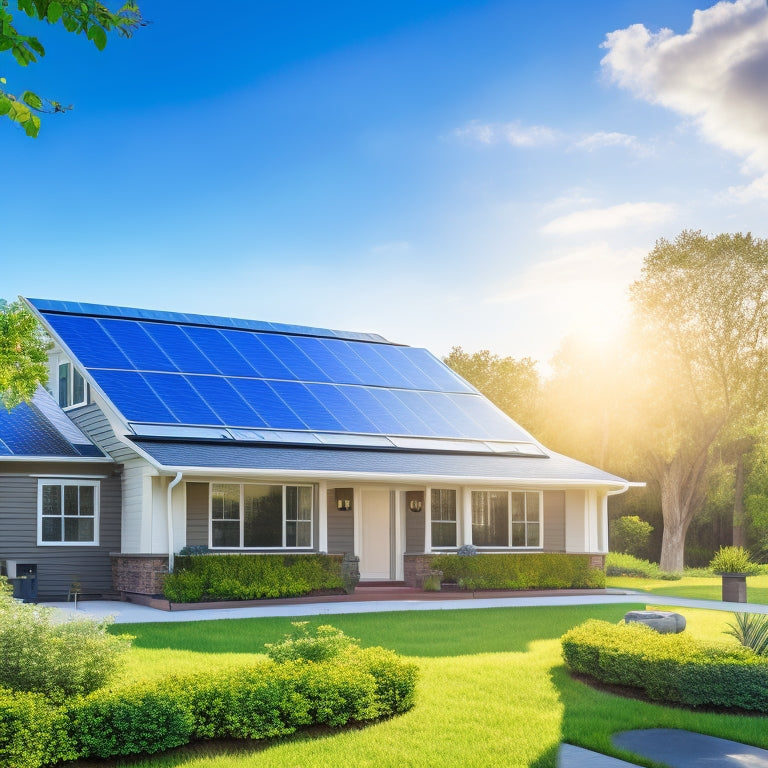 A serene, sun-kissed suburban home with sleek, silver solar panels installed on the roof, surrounded by lush greenery and a bright blue sky with a few wispy clouds.