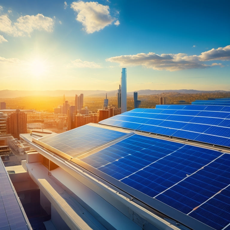 A futuristic rooftop with sleek, high-efficiency solar panels in a staggered formation, angled towards a bright blue sky with a few wispy clouds, surrounded by a modern cityscape.