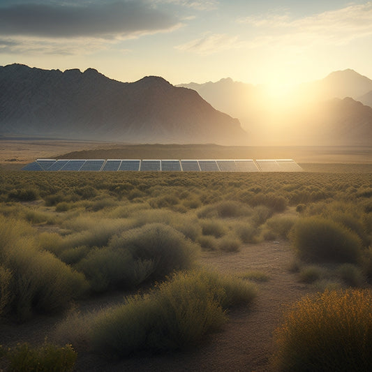 A serene landscape with a mix of lush greenery and sparse, rocky terrain, featuring a sprawling solar panel farm in the distance, with a faint haze of pollution in the background.