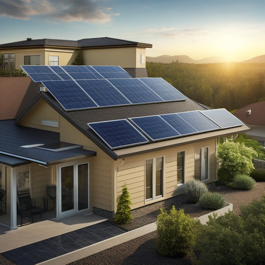 An illustration of a modern residential rooftop with a mix of solar panels and traditional shingles, with a subtle grid of measurement lines and a faint dollar sign ($) symbol etched into the corner of a single panel.