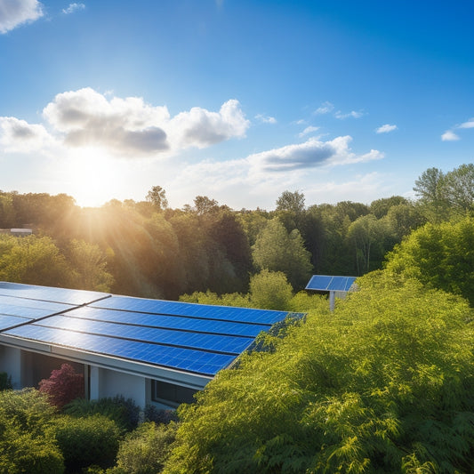 A bright blue sky with a few wispy clouds, a modern rooftop with 10 sleek solar panels installed, each with a subtle shine and slight angle, amidst a lush green garden and a few tall trees.