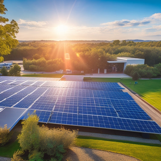 A serene, sun-lit aerial view of a commercial building with a sleek, modern solar panel system installed on its rooftop, surrounded by lush greenery and a bright blue sky.