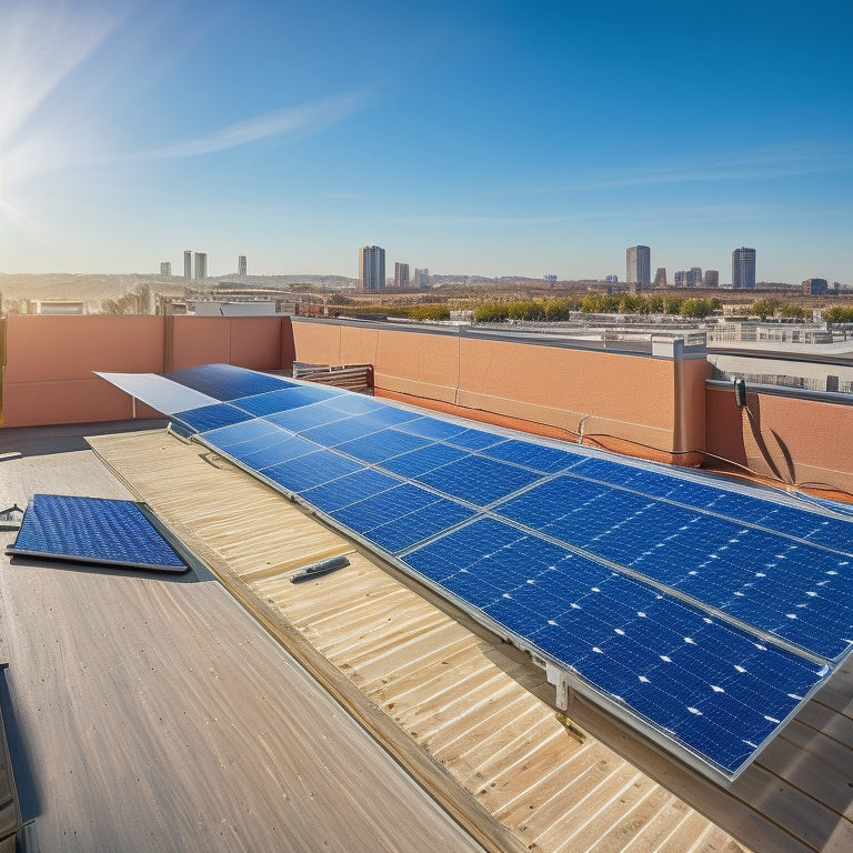 A sunny rooftop with a small, sleek solar panel array (3-5 panels) installed at a 30-degree angle, with a few maintenance tools (wrench, gloves, etc.) scattered around.