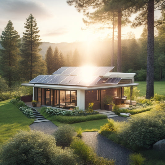 A serene landscape with a small, modern house in the center, surrounded by lush greenery, featuring a prominent solar panel array on its roof, with a subtle sunburst in the top-left corner.