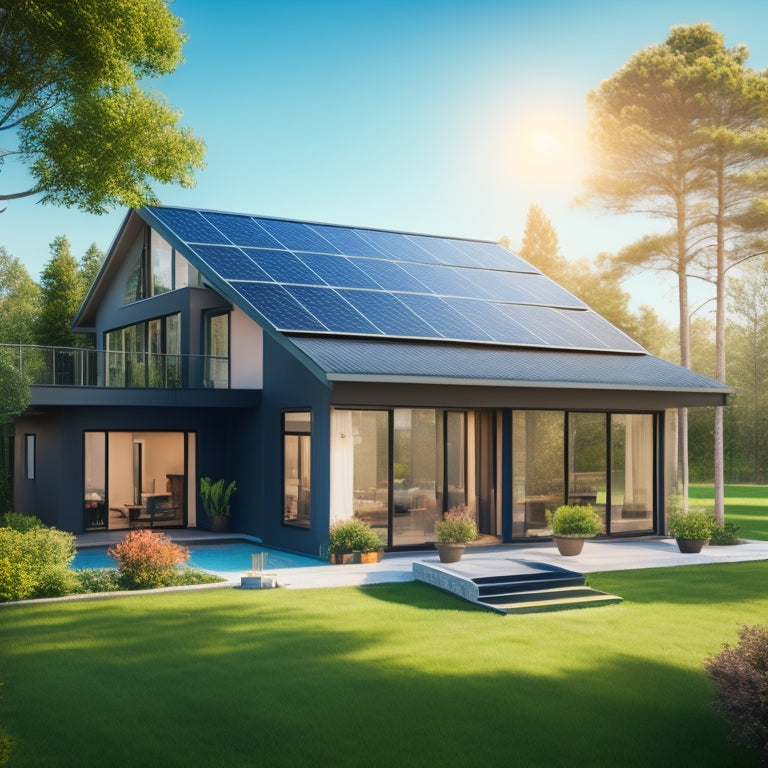 A serene suburban home with a sloping roof, featuring a grid of 12 sleek, black solar panels, installed at a 30-degree angle, surrounded by lush greenery and a clear blue sky.