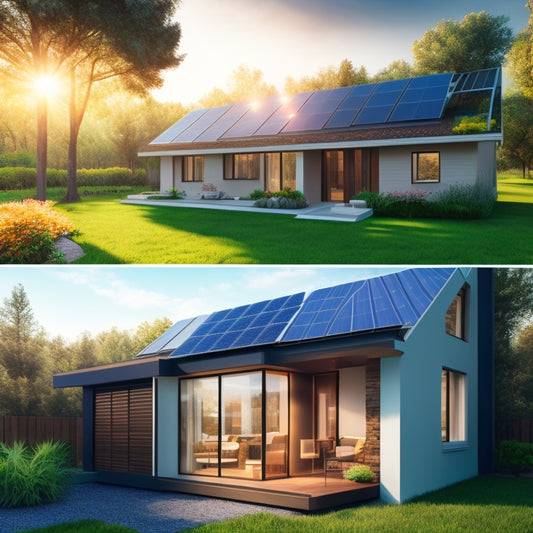 Illustrate a modern small home with sleek solar panels on the roof, surrounded by greenery. Show bright sunlight reflecting off the panels, and an energy meter indicating efficient power generation.