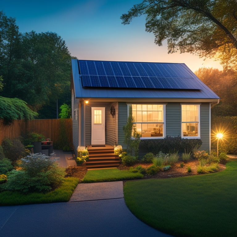 A serene suburban home with a mix of solar panels on the roof, a small solar shed in the backyard, and a few standalone solar-powered lights illuminating the garden path.