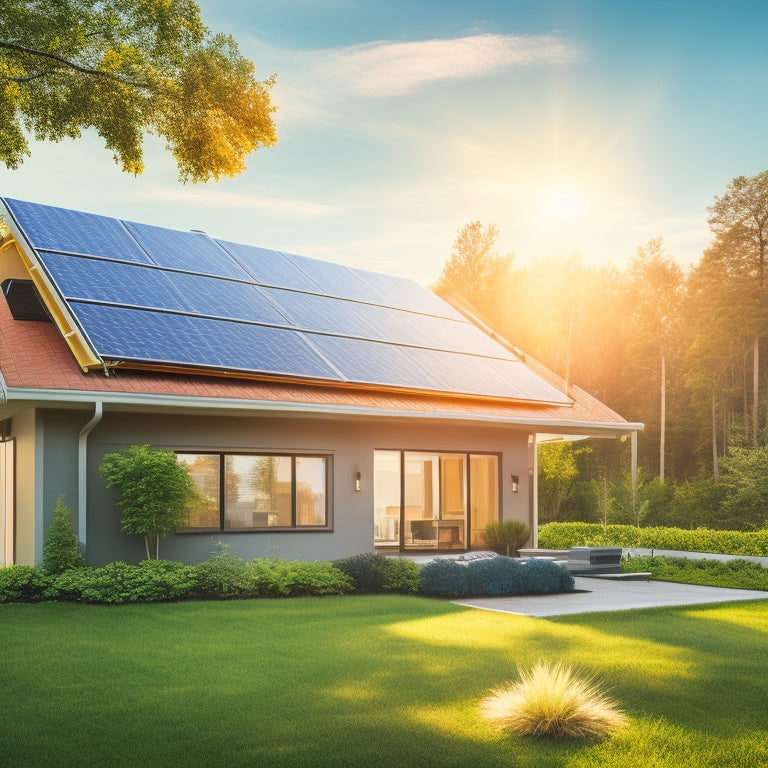 A bright sun shining over a modern home with solar panels on the roof, surrounded by lush greenery. A calculator, graphs, and dollar signs float in the air, symbolizing energy savings and investment returns.