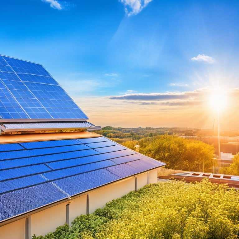 A vibrant rooftop adorned with sleek solar panels under a bright blue sky, surrounded by lush greenery, emphasizing eco-friendliness and modern technology. A laptop screen displaying graphs and rankings in the foreground.