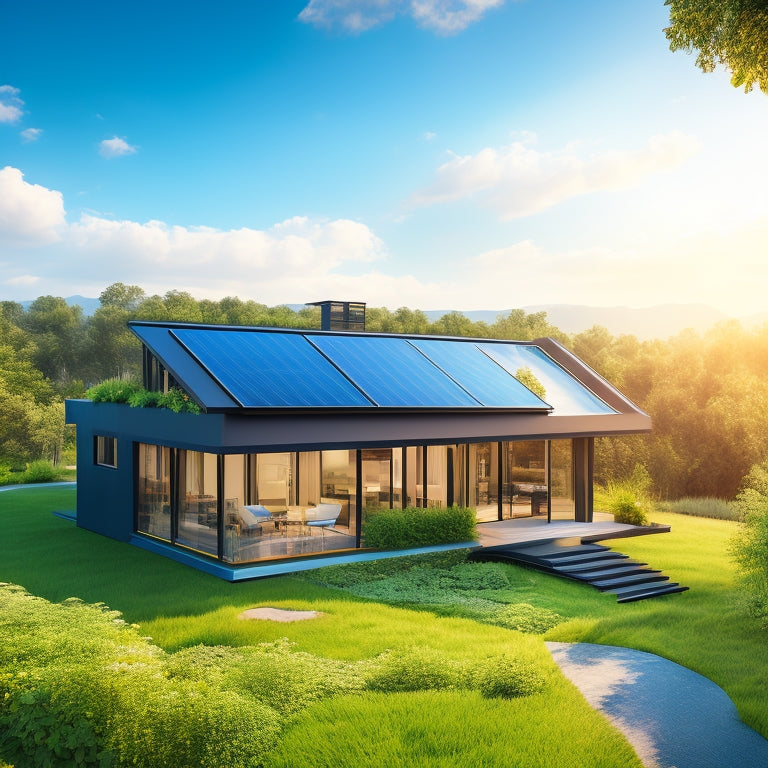 A serene, modern eco-home with a sloping rooftop covered in sleek, black solar panels, surrounded by lush greenery and a bright blue sky with a few wispy clouds.