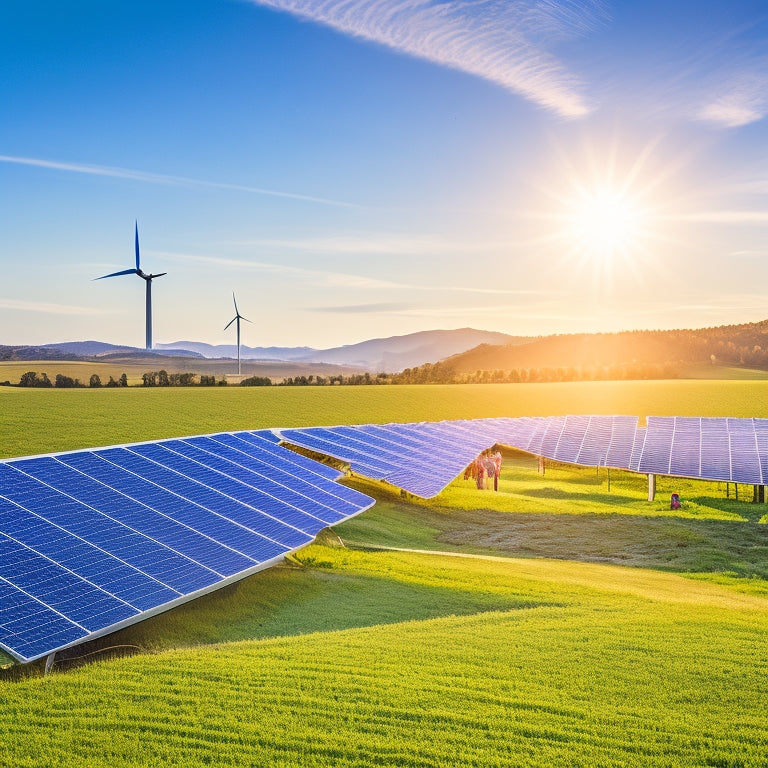 A vibrant solar farm under a bright blue sky, wind turbines spinning gracefully on rolling green hills, and a community of diverse people planting trees, all symbolizing a sustainable future and energy independence.