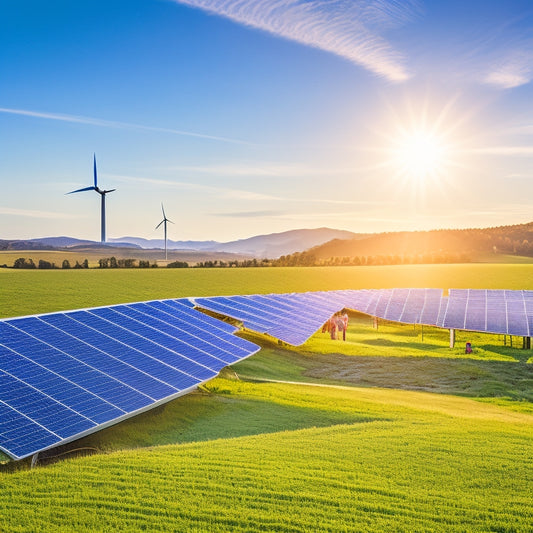 A vibrant solar farm under a bright blue sky, wind turbines spinning gracefully on rolling green hills, and a community of diverse people planting trees, all symbolizing a sustainable future and energy independence.