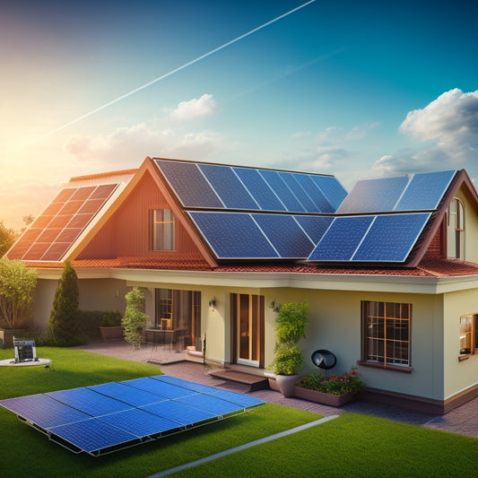 A illustration of a residential roof with variously sized solar panels arranged in a collage, surrounded by measurement tapes, calculators, and a subtle background of sunlight and clouds.