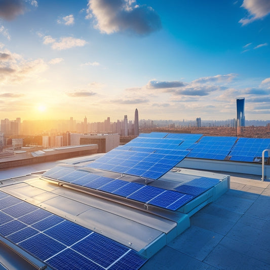 A futuristic rooftop with 5-7 sleek, high-efficiency solar panels of varying sizes and angles, surrounded by a cityscape with a bright blue sky and fluffy white clouds.