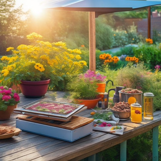 A sunny backyard scene featuring a beginner-friendly solar panel setup on a rooftop, a small solar-powered garden light, and a DIY solar oven made from a pizza box, surrounded by vibrant flowers and greenery.