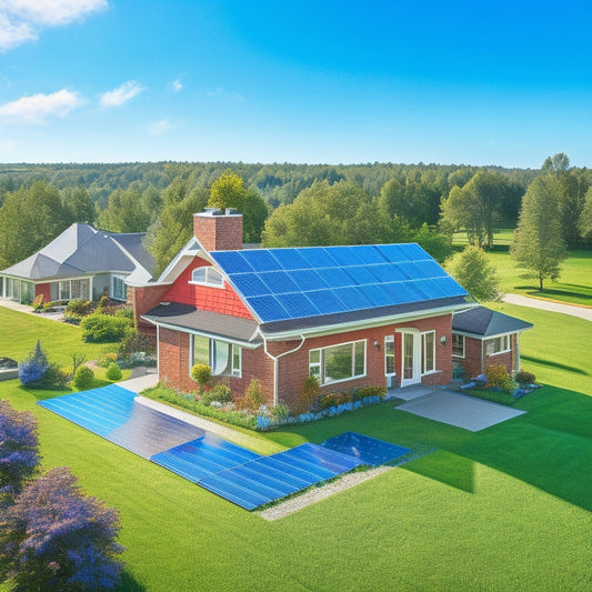 A serene suburban landscape with a single-story house, solar panels installed on the roof, and a red pin on the lawn, surrounded by measuring tapes, toolboxes, and a ladder, under a bright blue sky.