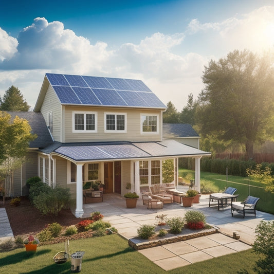 A serene backyard scene with a suburban house, a ladder leaning against the roof, and a few solar panels already installed, surrounded by tools and equipment, with a sunny sky in the background.
