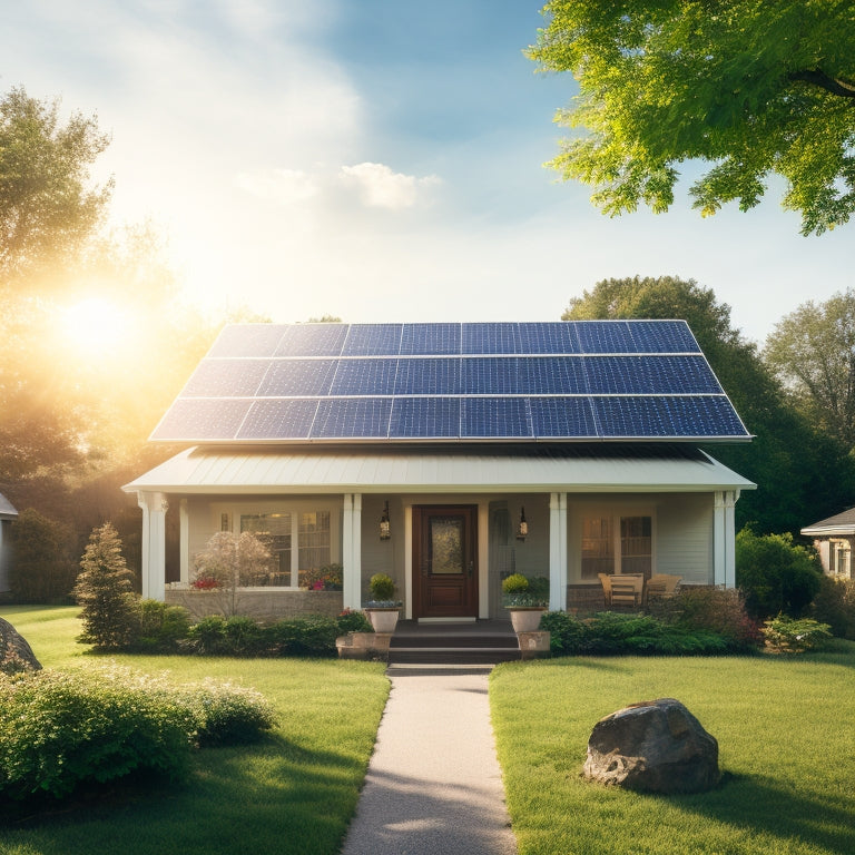 A serene suburban home with a mix of solar panels on the roof, surrounded by lush greenery, with a subtle sunbeam highlighting a single panel, and a few birds flying in the clear blue sky.