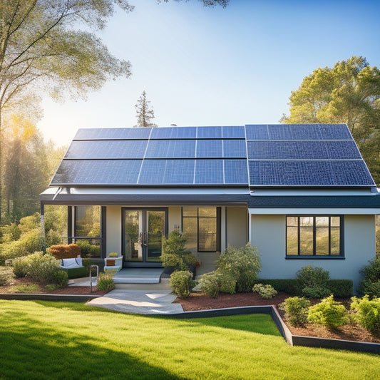 A serene suburban home with a bright blue sky, surrounded by lush greenery, showcasing a rooftop solar panel installation with shiny black panels and sleek silver frames.