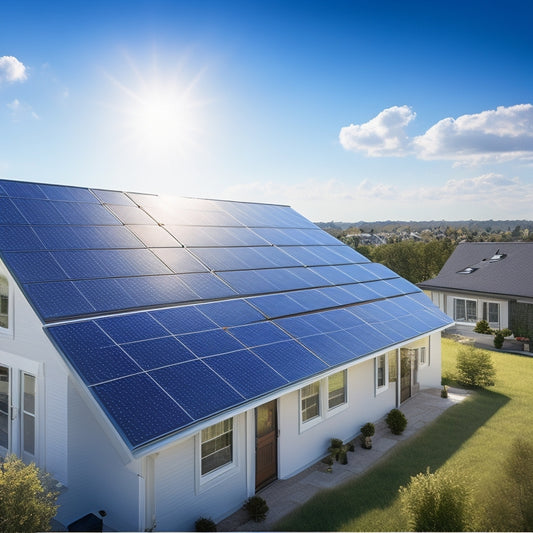 A photorealistic image of a residential roof with solar panels installed at an optimal angle, securely fastened with durable hardware, and neatly wired, set against a clear blue sky with fluffy white clouds.