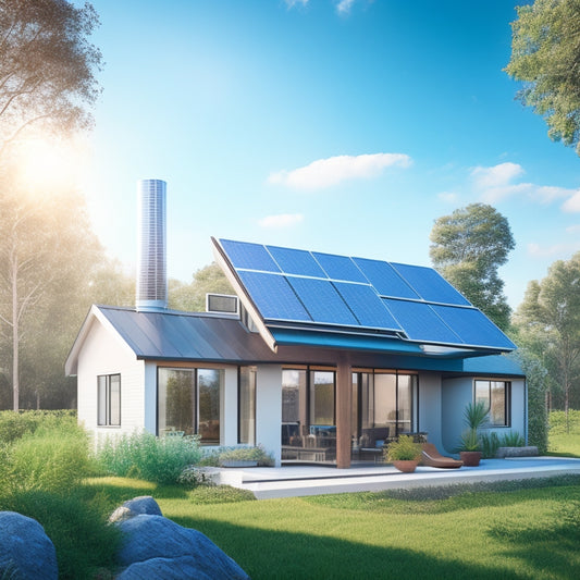 An illustration of a modern, eco-friendly home with solar panels on the roof, surrounded by lush greenery and a bright blue sky, with a subtle hint of a wind turbine in the distance.
