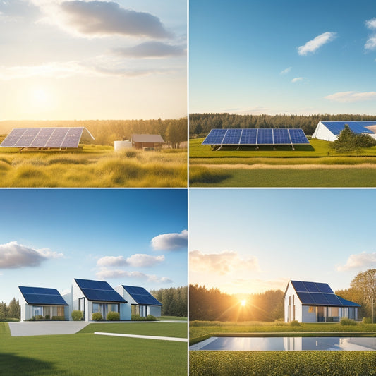 A serene landscape with 10 sleek, modern houses, each with a unique solar panel installation, set against a bright blue sky with a few wispy clouds and a subtle sunburst in the background.