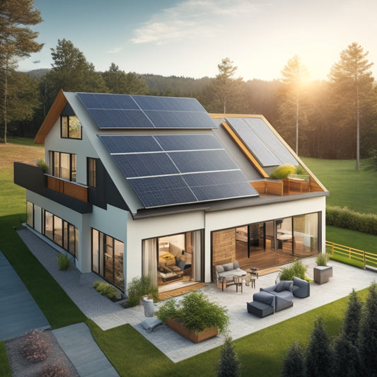 A photorealistic illustration of a modern house with a partially constructed solar roof, showcasing 7 distinct sections, each highlighting a different step in the building process, with tools and materials scattered around.