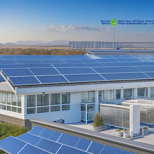 An illustrative image featuring a large commercial building with a rooftop solar panel array, surrounded by gauges, charts, and diagrams, showcasing calculations and measurements for determining optimal wattage.