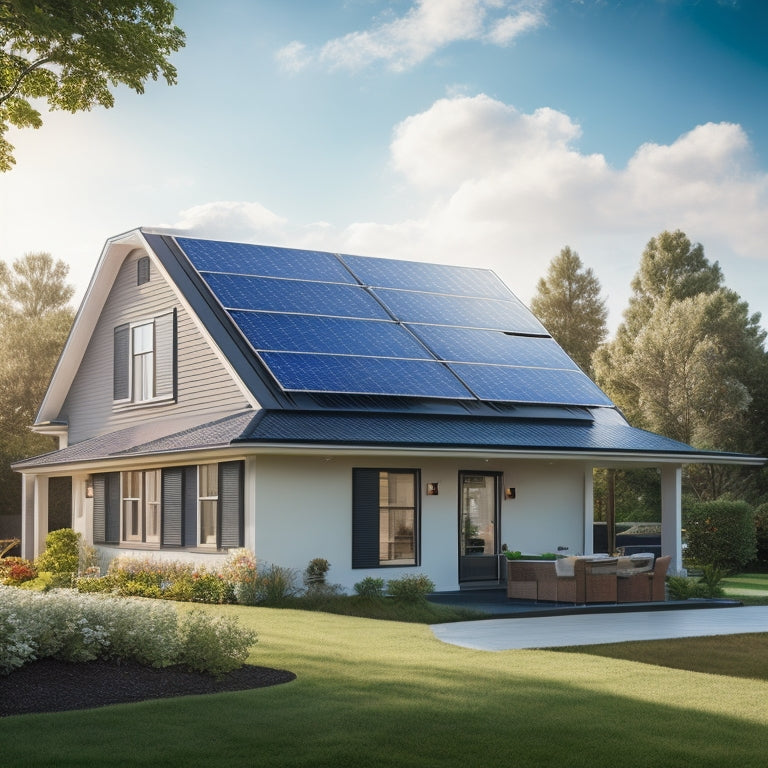 A serene suburban home with sleek, black solar panels installed on its rooftop, surrounded by lush greenery, with a bright blue sky and fluffy white clouds in the background.