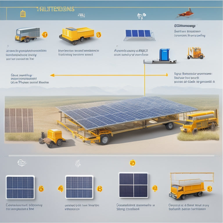 An illustration of a solar panel system with separate sections highlighting various expense components, including a factory producing panels, a truck transporting materials, a worker installing panels, and a bank with money flowing in and out.