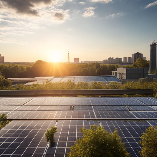 A serene, sun-drenched industrial rooftop with sleek, silver solar panels arranged in neat rows, surrounded by lush greenery and a faint, glowing aura.