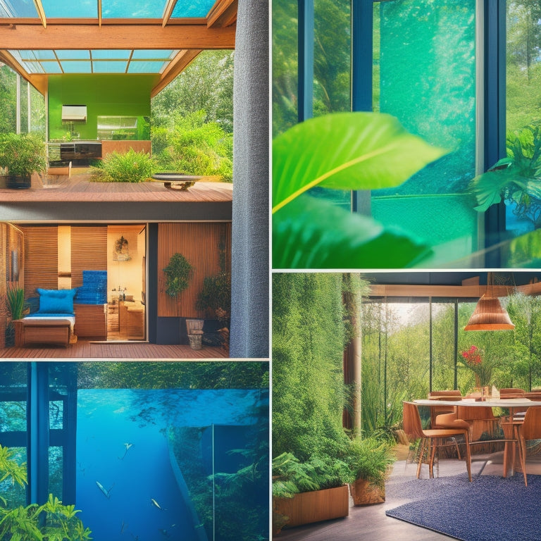 A vibrant collage showcasing eco-friendly building materials like bamboo, recycled glass, and solar panels, set against a backdrop of an energy-efficient modern home surrounded by lush greenery and solar trees.