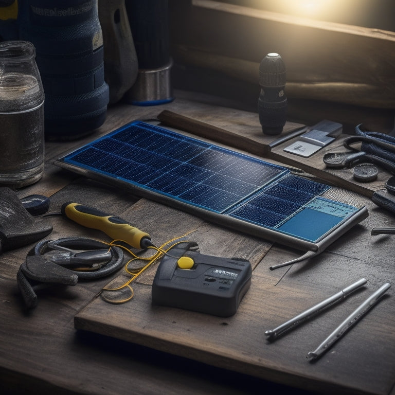 A close-up of a solar panel with a cracked or shattered glass surface, surrounded by tools like a multimeter, screwdrivers, and pliers, on a rustic wooden table or workbench.