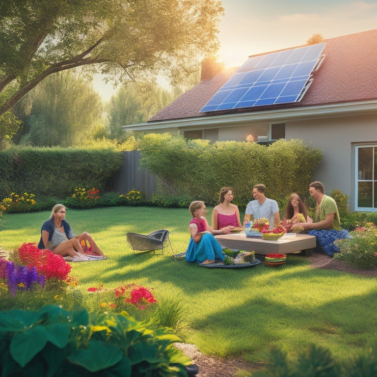 A sunlit backyard showcasing a modern solar panel roof, a family enjoying a picnic on a lush green lawn, vibrant flowers, a small vegetable garden, and a sleek electric car charging nearby.