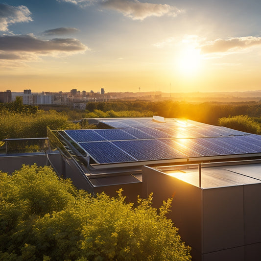 A modern rooftop adorned with sleek, high-efficiency solar panels, bathed in golden sunlight, surrounded by lush greenery and a clear blue sky, symbolizing energy independence and sustainable living.