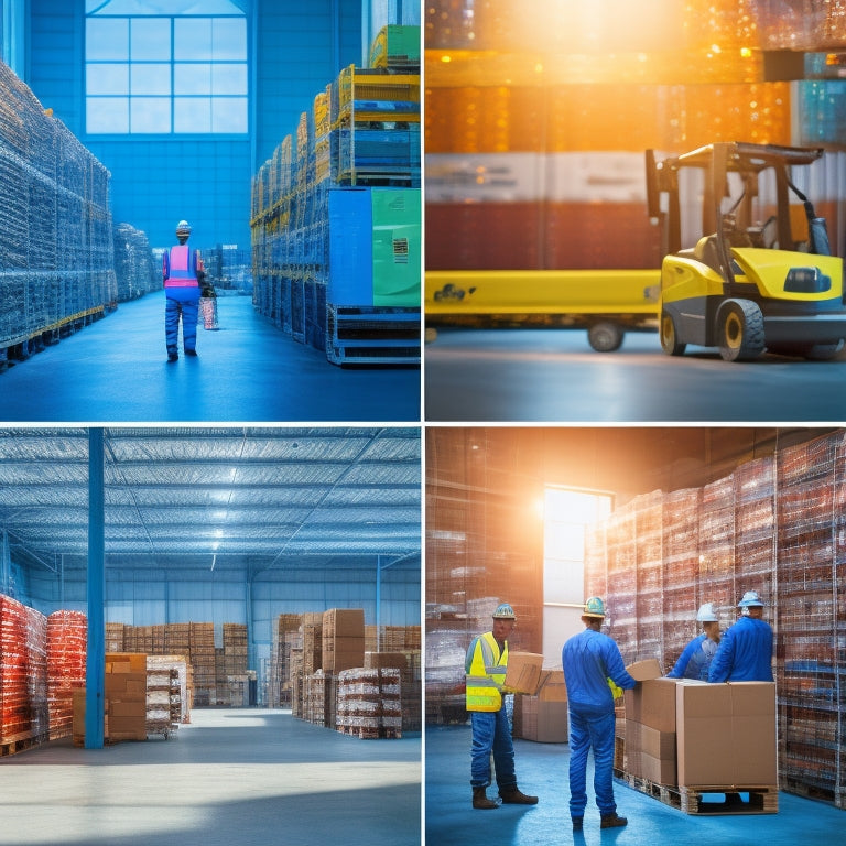 A warehouse filled with stacks of neatly organized solar panels, bright sunlight streaming through high windows, workers inspecting and handling the panels, forklifts moving pallets, and a clipboard with detailed checklists.