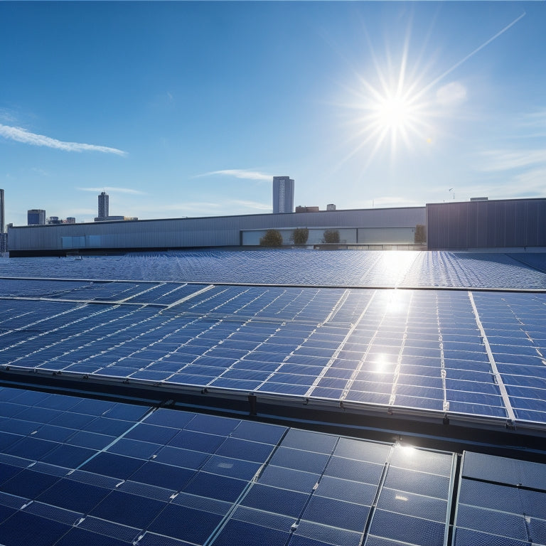 A sunny day with a commercial building in the background, its rooftop covered in sleek, black solar panels, with a few panels tilted at an angle, surrounded by a bright blue sky.