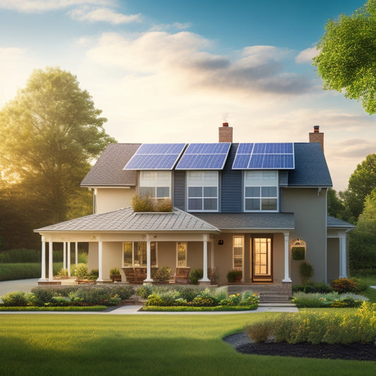 Illustrate a serene suburban home with a mix of sunny and cloudy sky, featuring a prominent solar panel array on the roof, with a subtle energy meter and a few sprouting greenery.