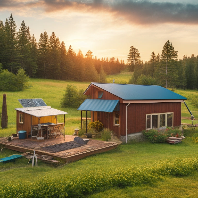 A serene off-grid homestead with a rustic cabin, surrounded by lush greenery, featuring a rooftop solar panel array, a wind turbine, and a battery bank with monitoring equipment in the foreground.