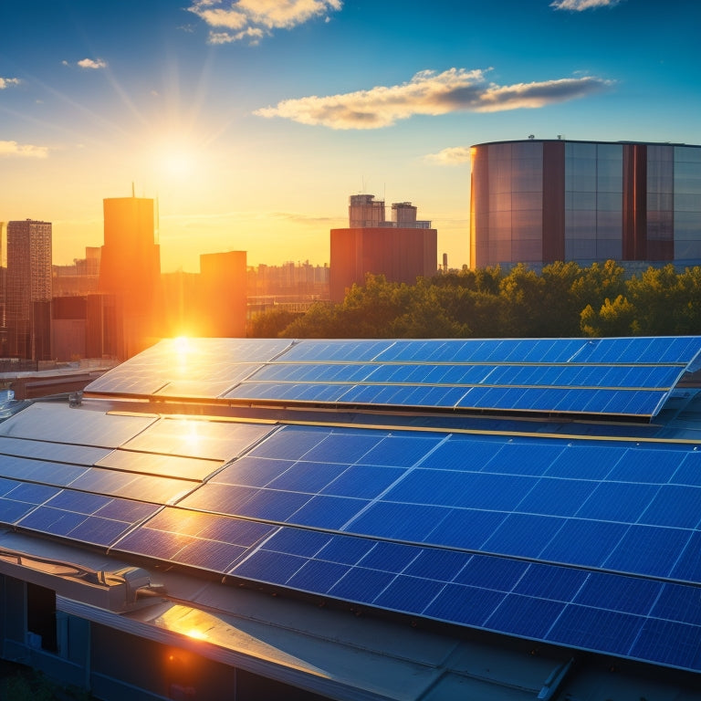 A futuristic industrial building with sleek, silver solar panels installed on its rooftop, surrounded by cityscape and blue sky, with sunlight reflecting off the panels in a warm, golden glow.