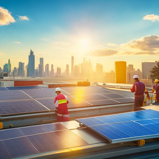 A bustling commercial rooftop adorned with sleek solar panels glistening under the sun, surrounded by construction workers installing more panels, with a city skyline in the background and greenery peeking through.