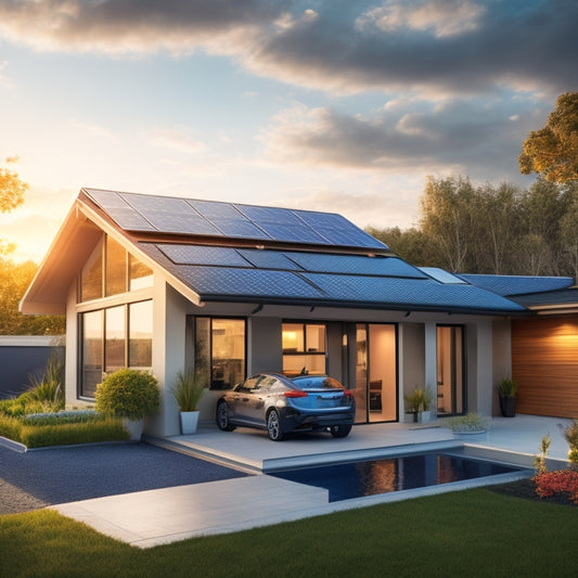 A modern home with solar panels on the roof, showcasing a sleek battery storage system in a bright, airy garage. Sunlight beams through windows, illuminating energy-efficient appliances and plants thriving in natural light.