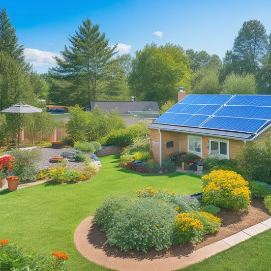 A sunny suburban backyard featuring solar panels on a roof, a small wind turbine, a vibrant vegetable garden, and a rainwater collection system, all surrounded by lush greenery and a blue sky.